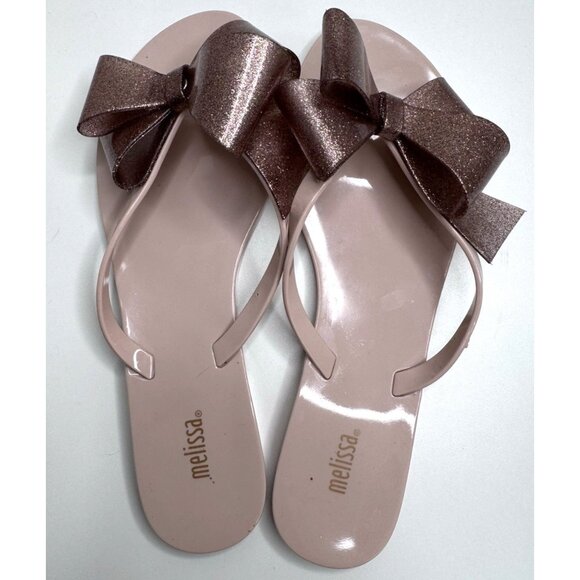 Melissa Women's Rubber Pink Bow Glitter Flip Flops Size 9 - Picture 4 of 12